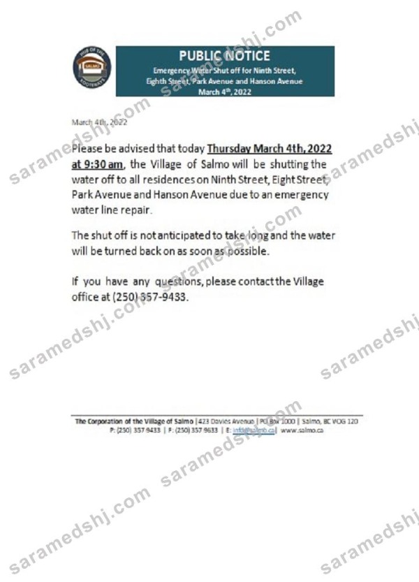Canada British Columbia Hub of the Salmo Kootenays utility shut off notice